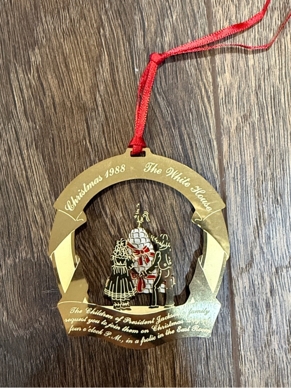 Christmas 1988 Gold Ornament with Red Ribbon- The White House historical